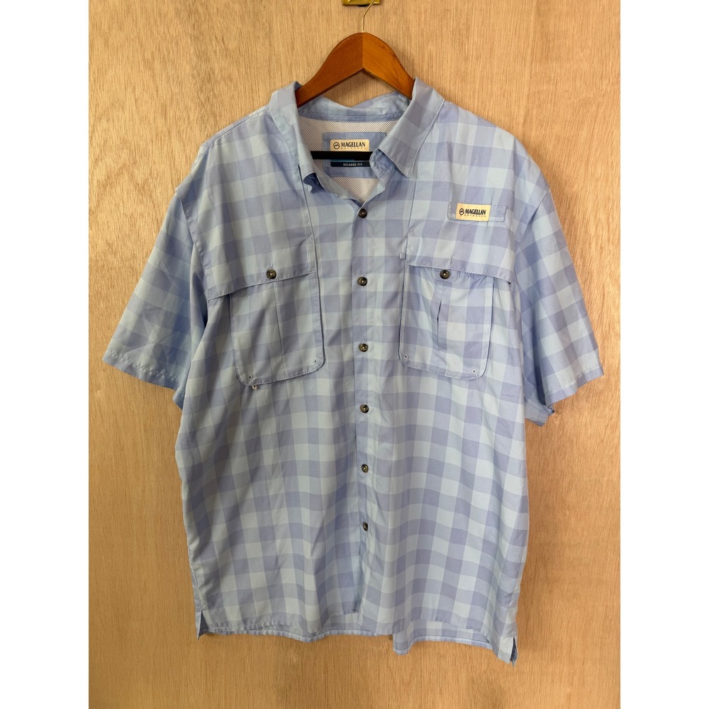 Magellan Outdoors Mens XL Blue Plaid Fishing Shirt Short Sleeve Relaxed Fit